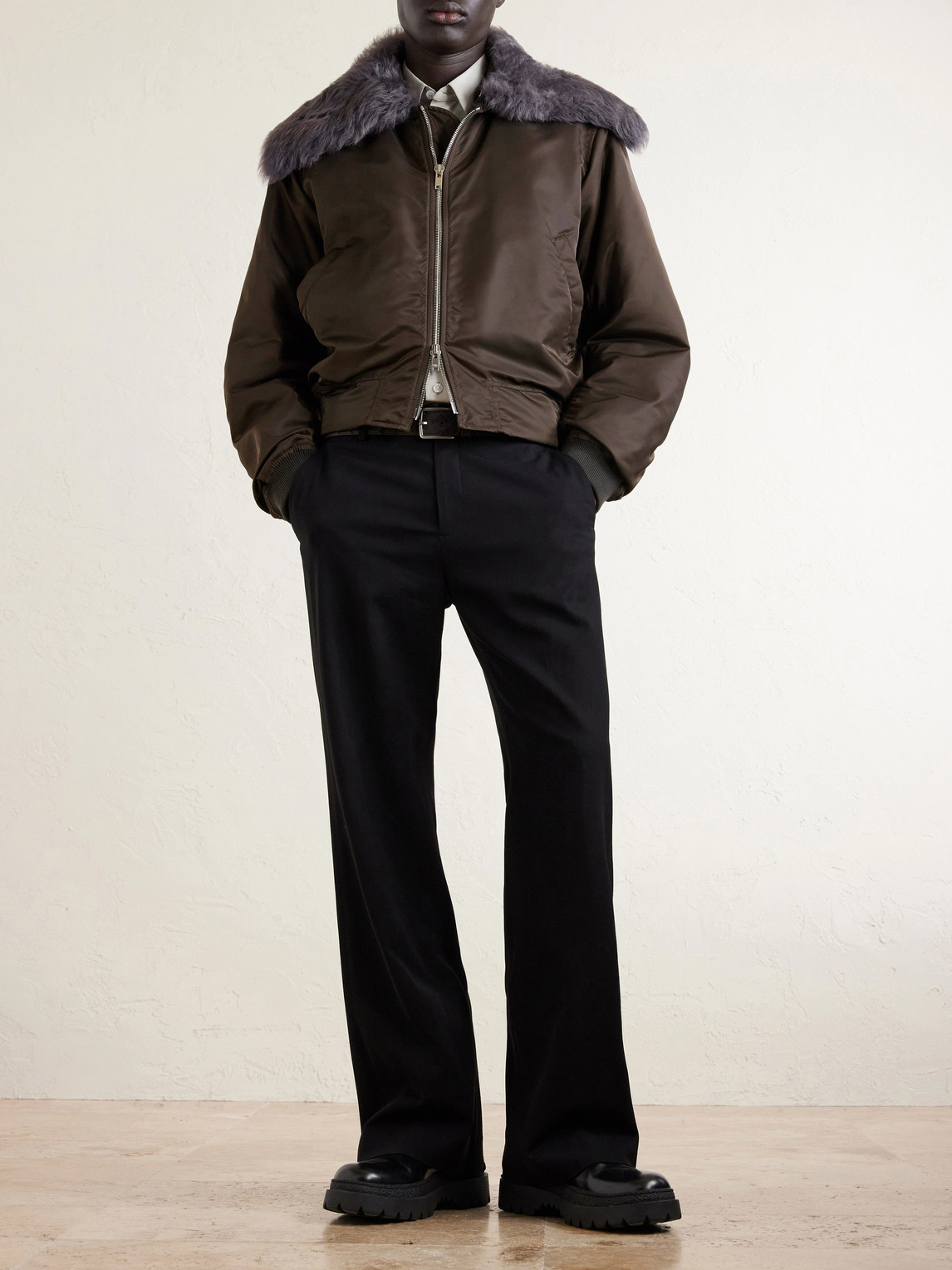 Padded Plush-Trimmed Satin Bomber Jacket