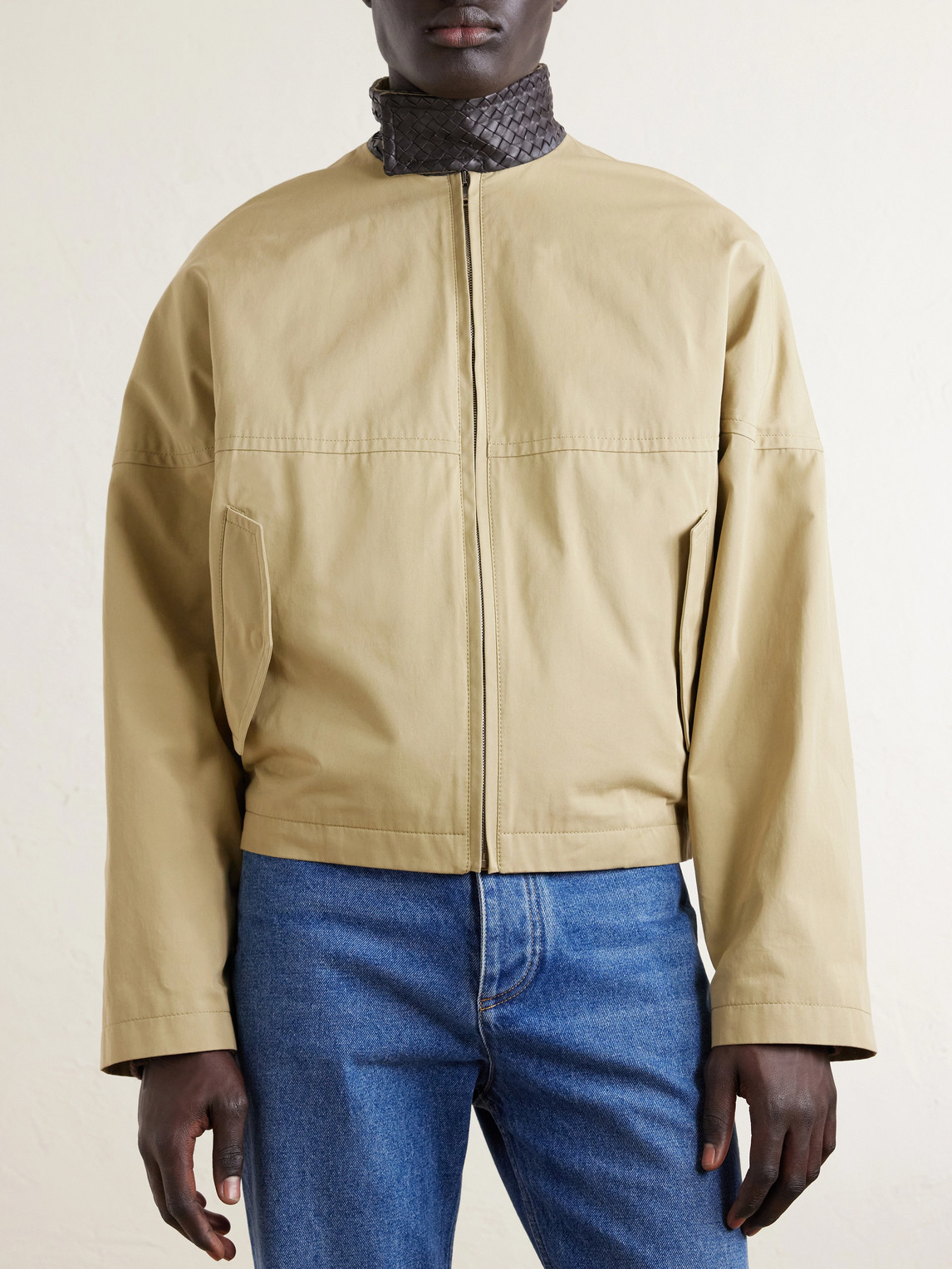 Intrecciato Leather-Trimmed Cotton-Gabardine Jacket