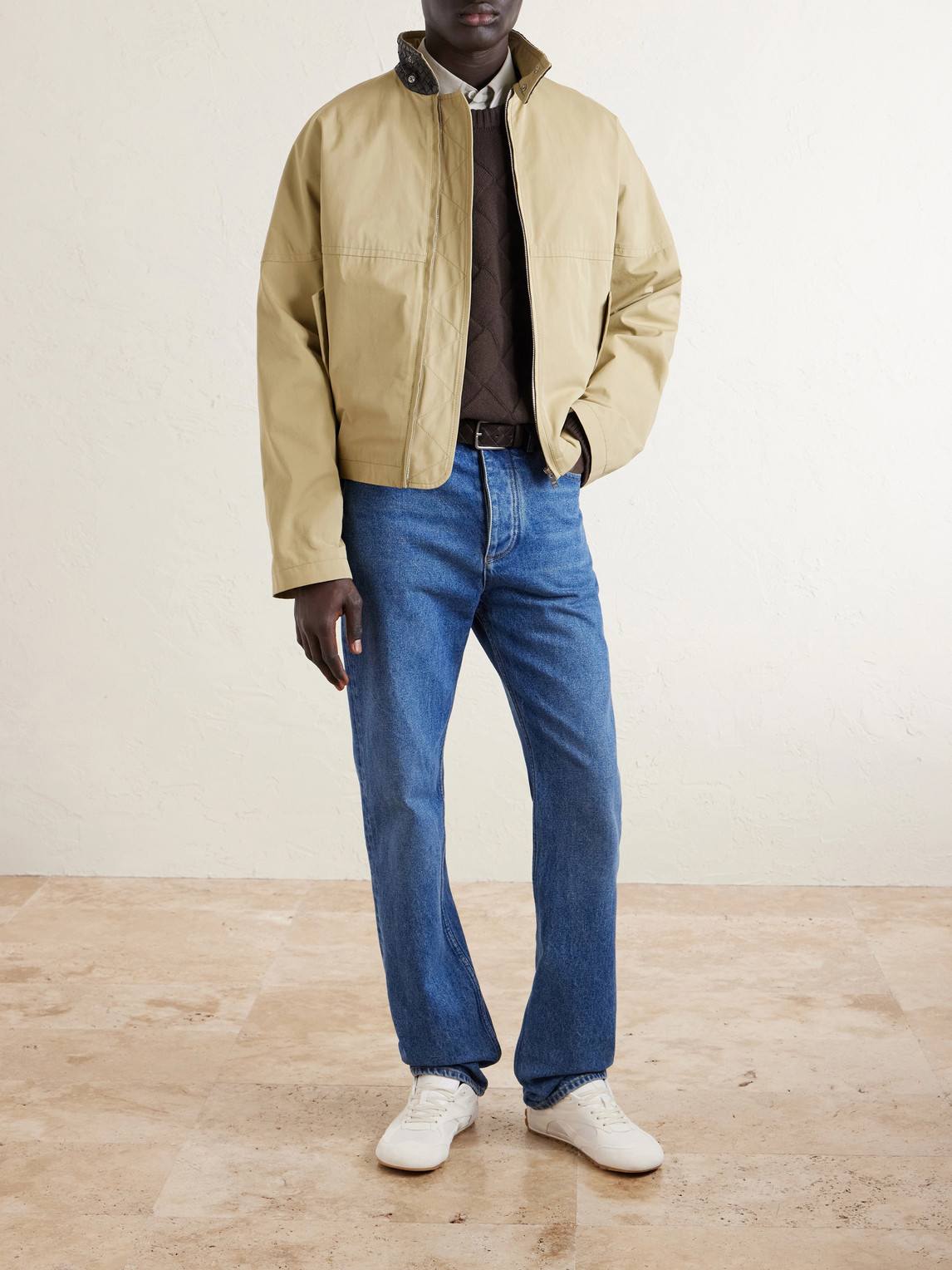 Intrecciato Leather-Trimmed Cotton-Gabardine Jacket