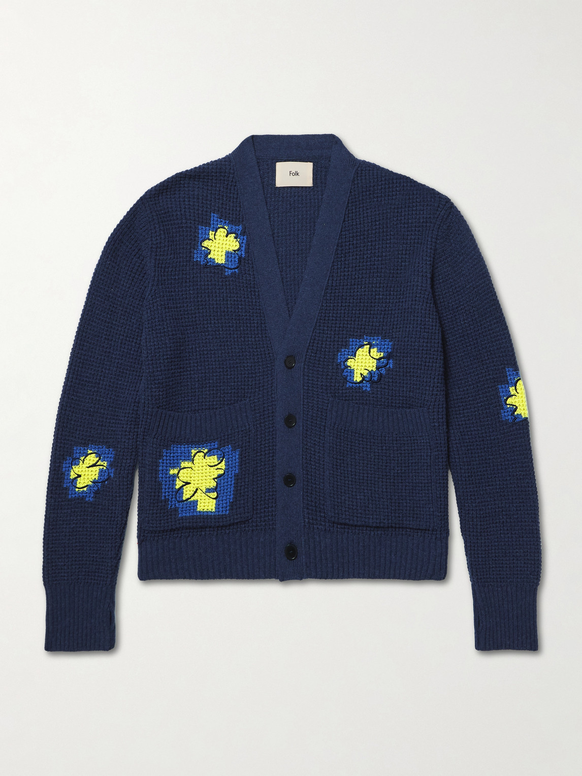 Folk Embroidered Waffle-knit Cardigan In Blue
