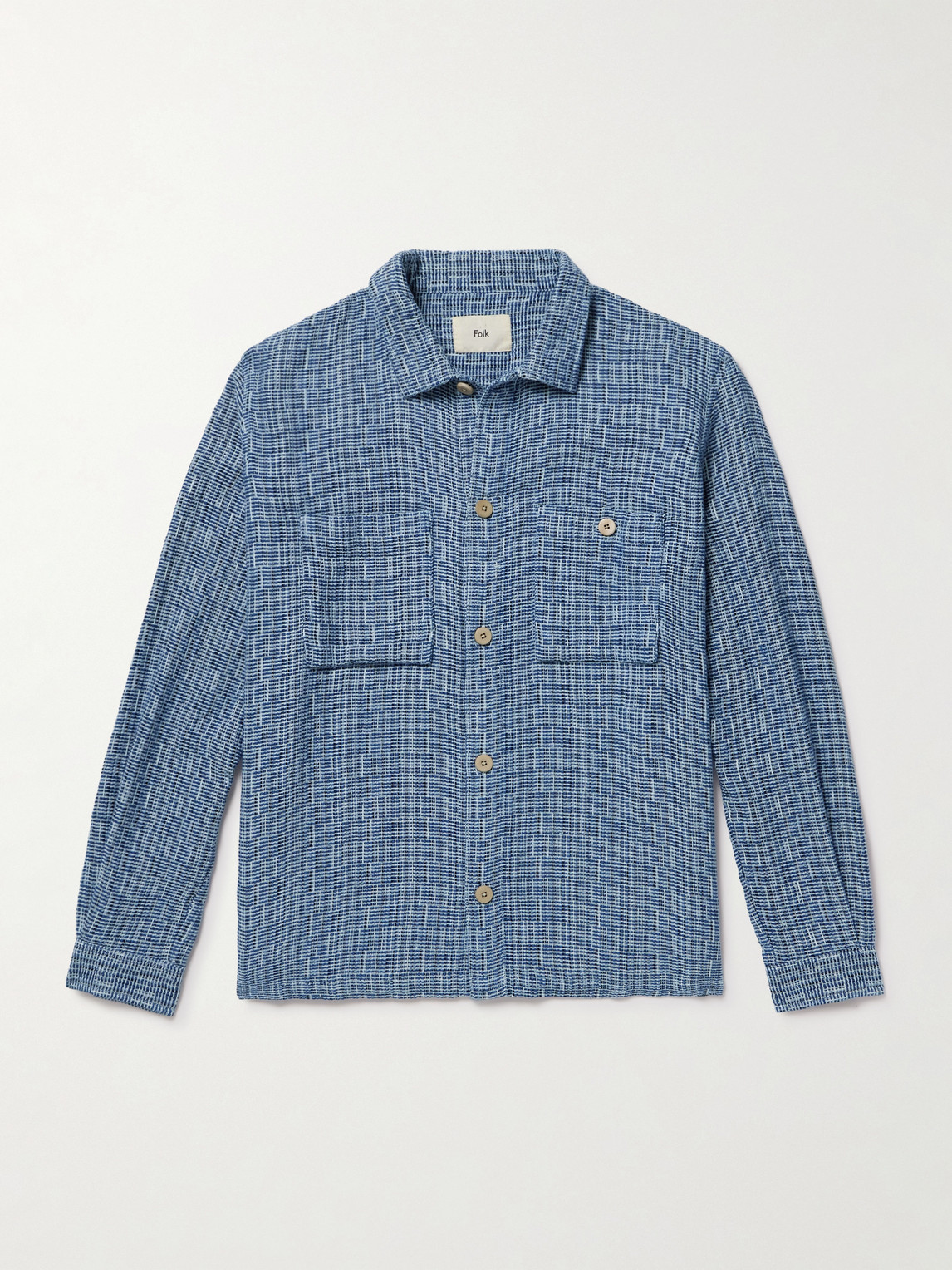 Folk Patch Basketweave Cotton Overshirt In Blue