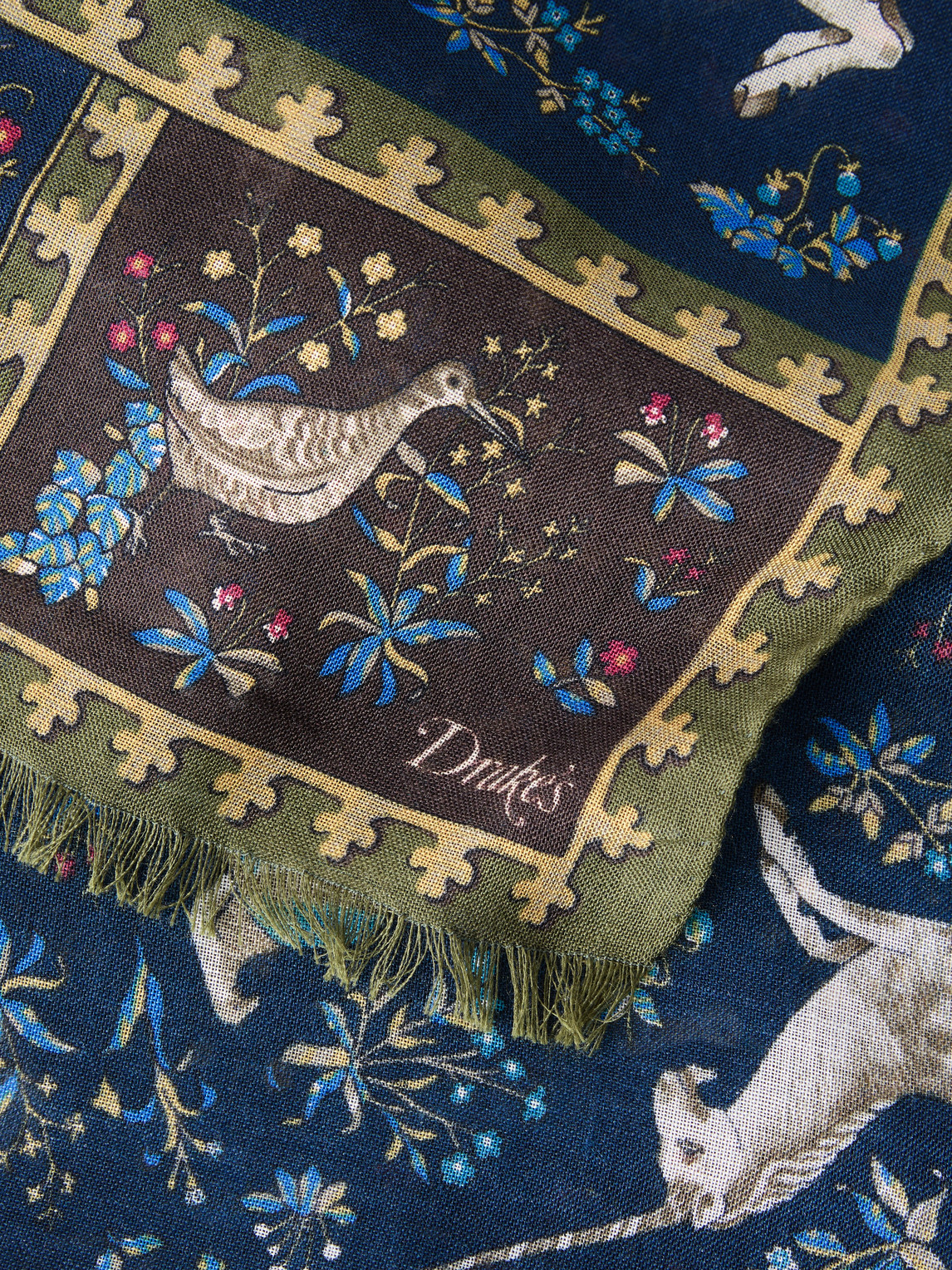  Drake's - Fringed Printed Wool And Silk-blend Scarf - Men - Blue 