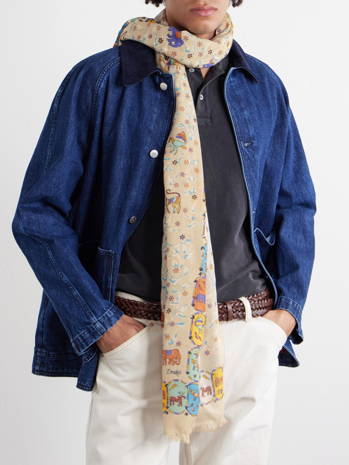  Drake's - Frayed Printed Wool And Silk-blend Scarf - Men - Neutrals 