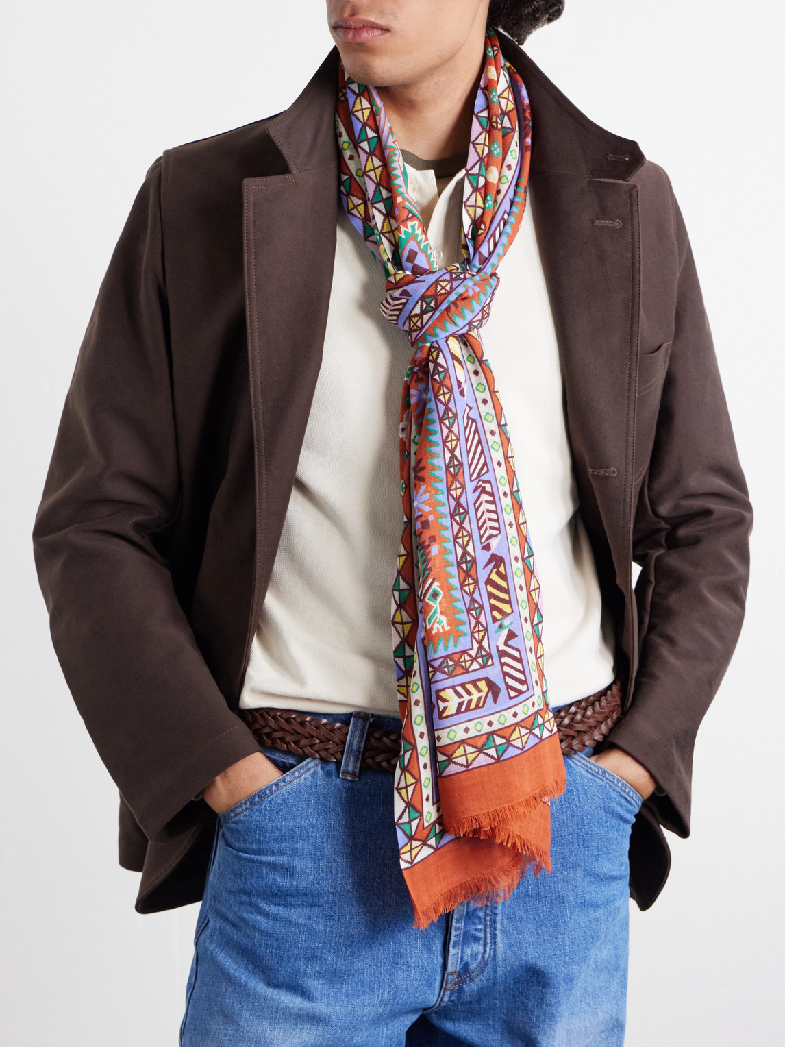  Drake's - Printed Wool And Silk-blend Scarf - Men - Brown 