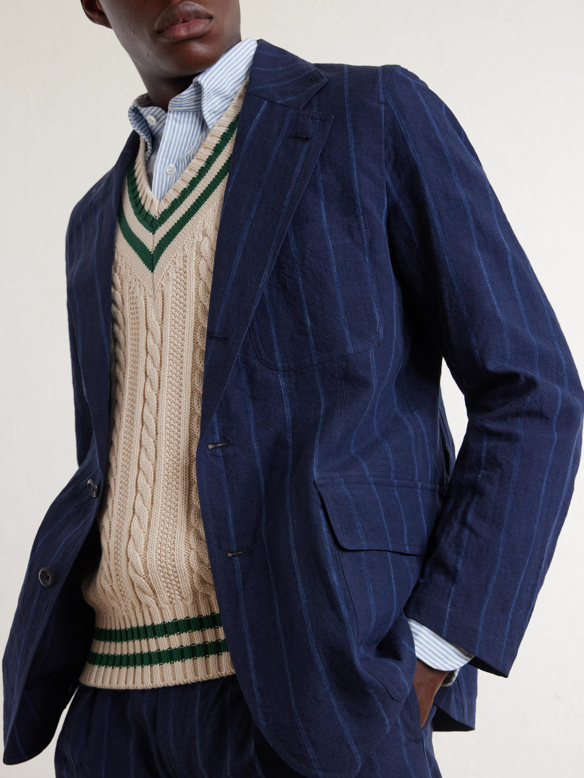 Games Pinstriped Linen And Cotton-Blend Suit Jacket