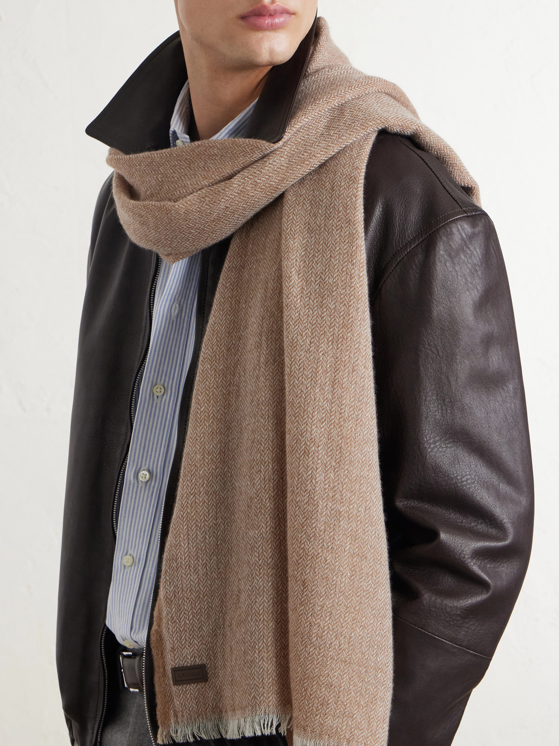 Canali Frayed Herringbone Wool and Cashmere-Blend Scarf - Men | Thumbnail 3