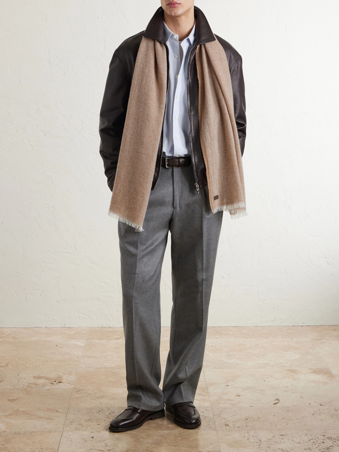 Canali Frayed Herringbone Wool and Cashmere-Blend Scarf - Men | Thumbnail 2