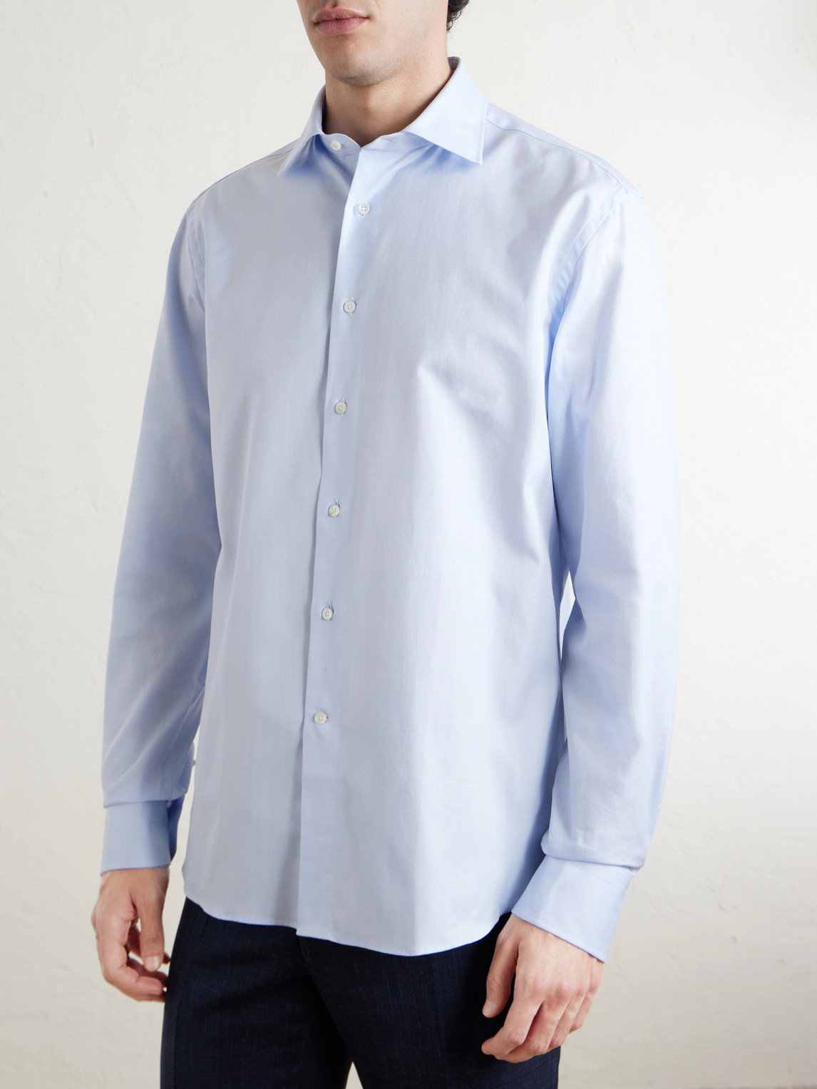 Cutaway-Collar Herringbone Cotton Shirt