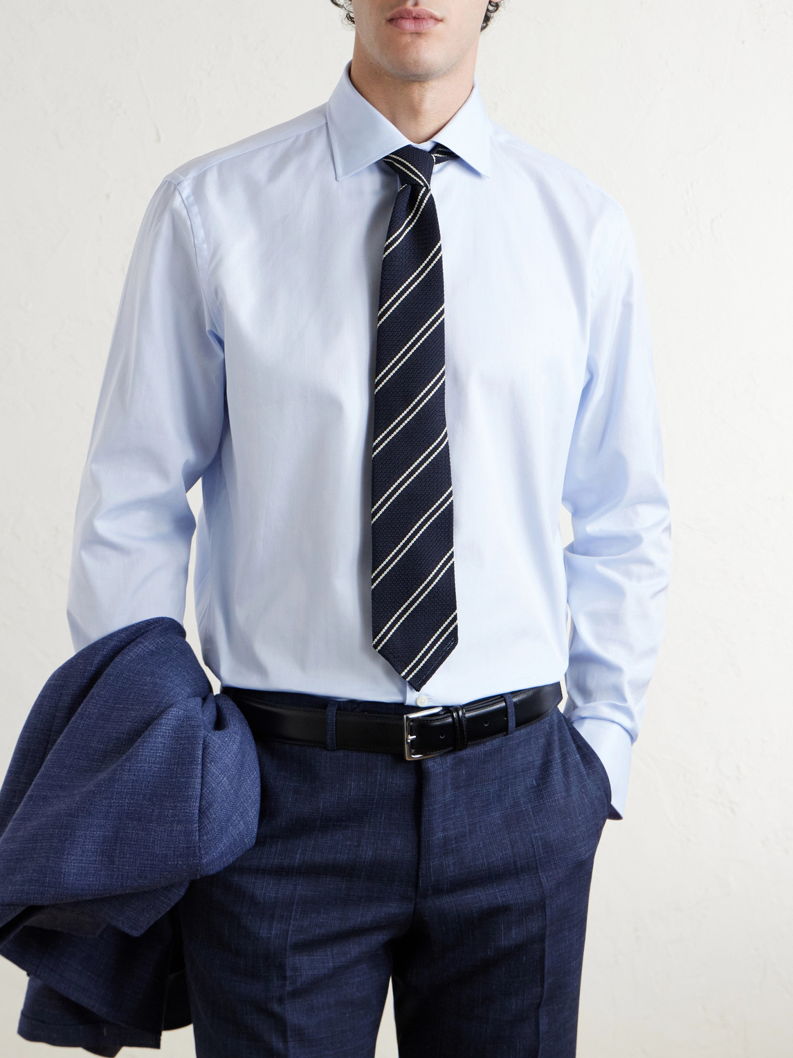Cutaway-Collar Herringbone Cotton Shirt