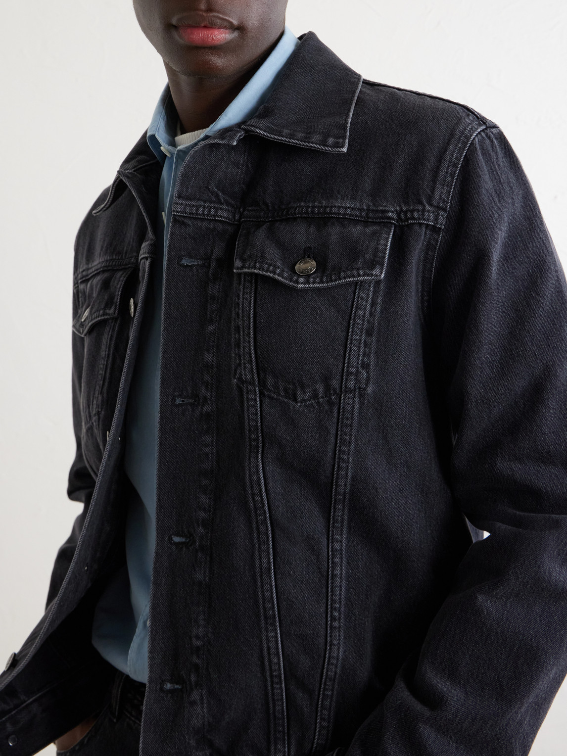 Leather-Trimmed Denim Jacket