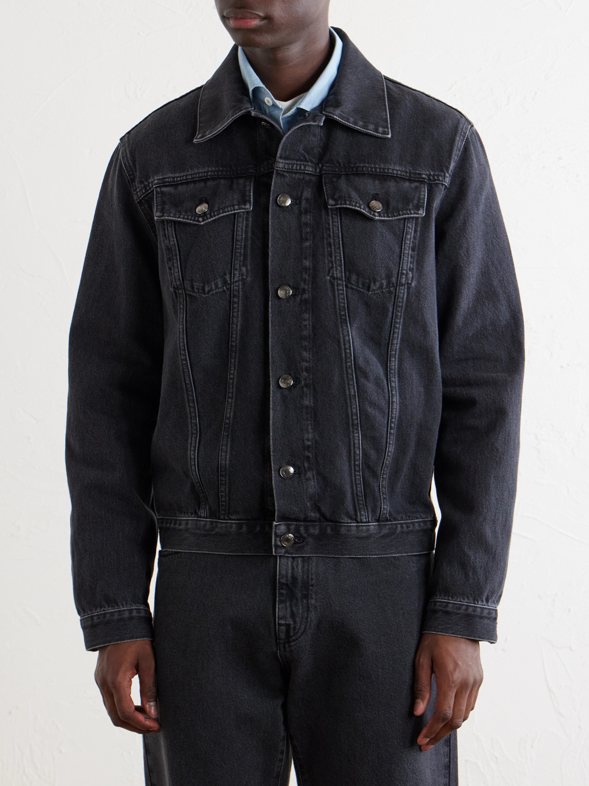 Leather-Trimmed Denim Jacket