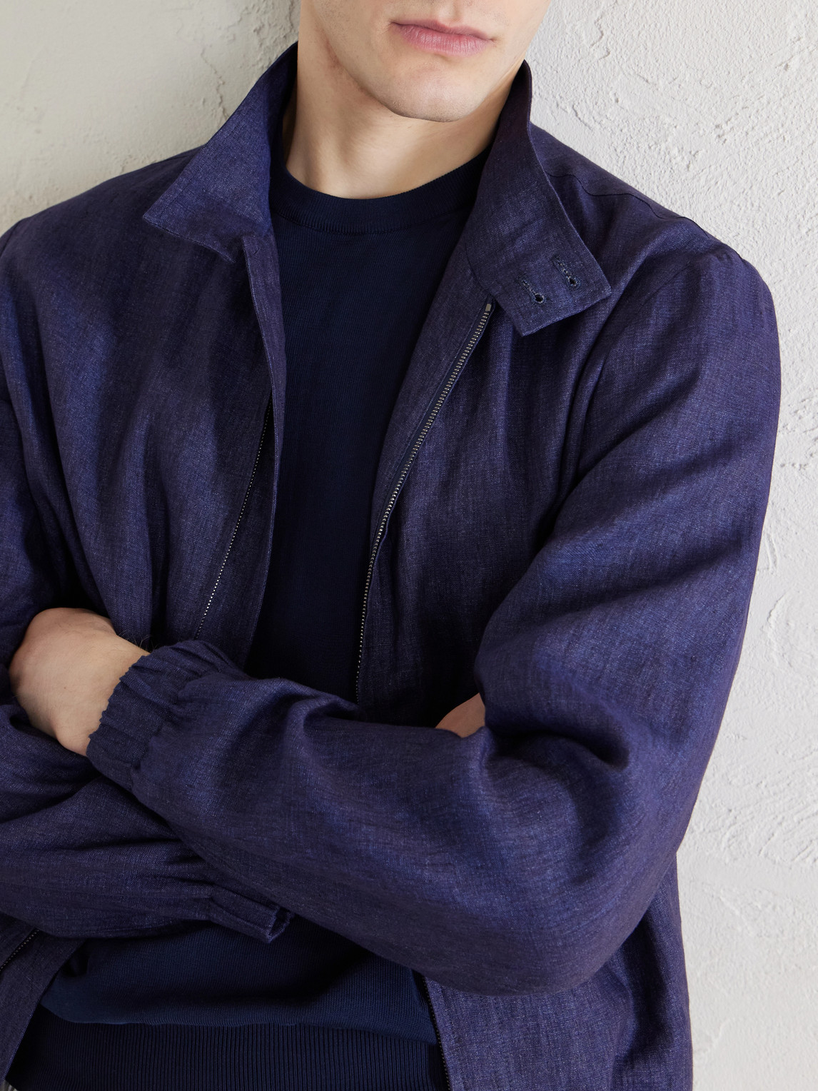 Canali Linen Bomber Jacket In Blue