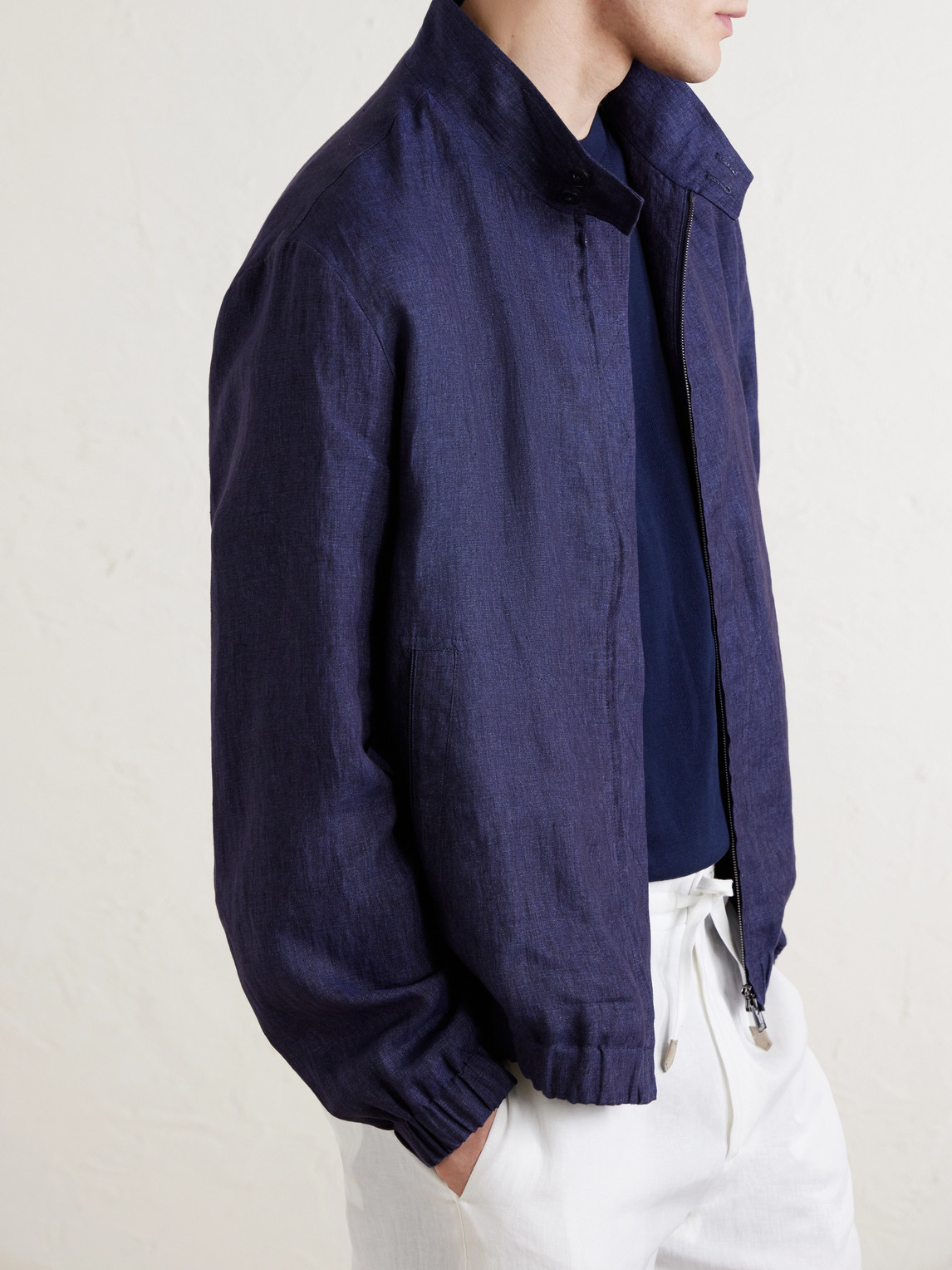 Canali Linen Bomber Jacket In Blue