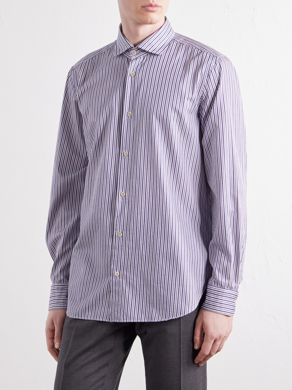 French Collar Striped Cotton Oxford Shirt
