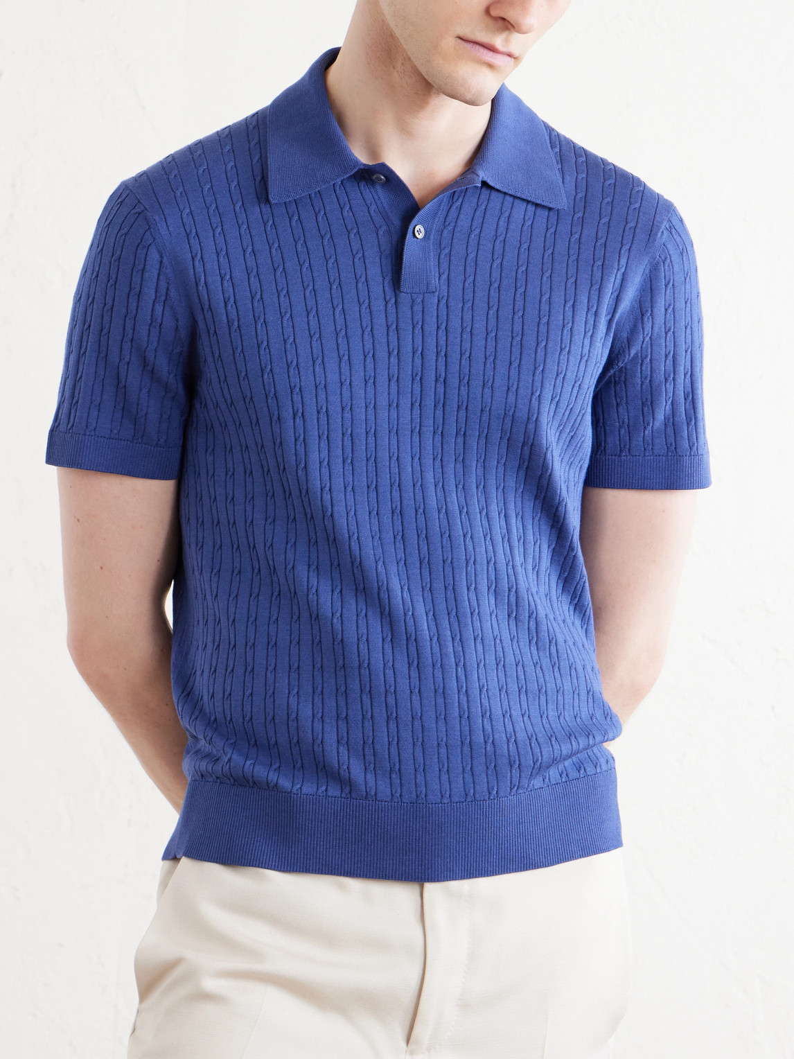 Cable-Knit Cotton And Mulberry Silk-Blend Polo Shirt