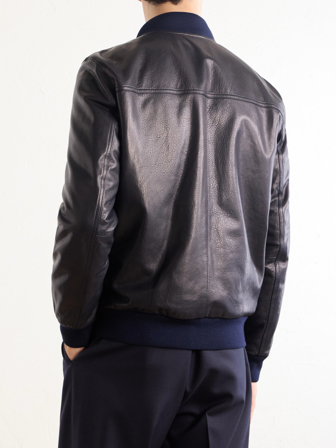 Draped Leather Bomber Jacket