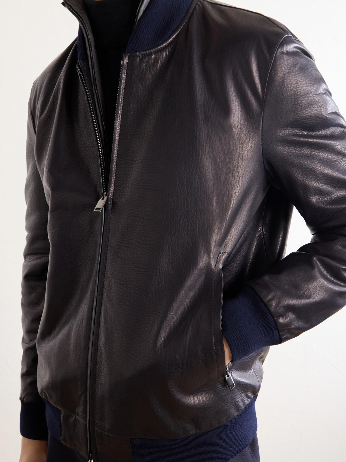 Draped Leather Bomber Jacket