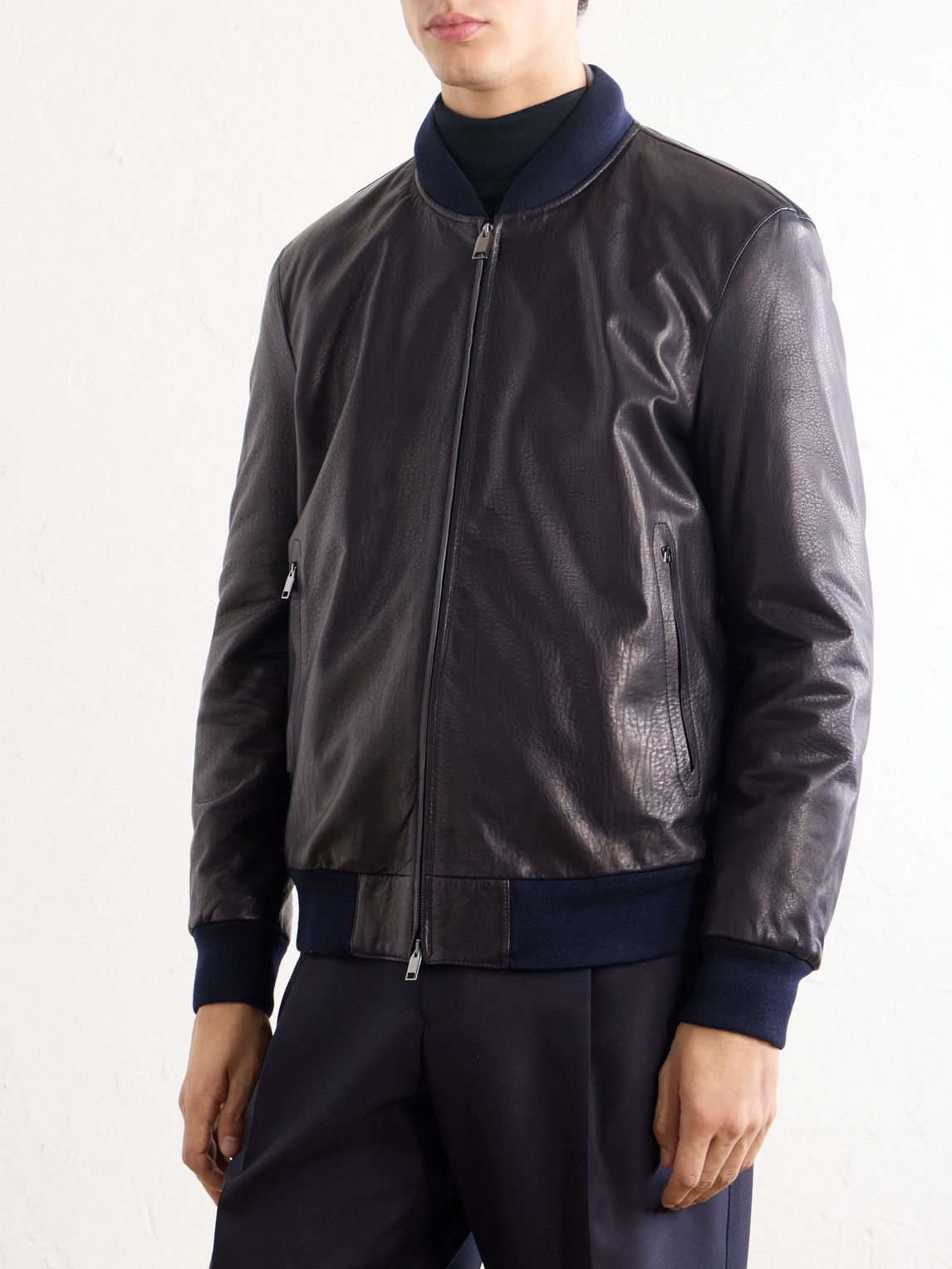 Draped Leather Bomber Jacket