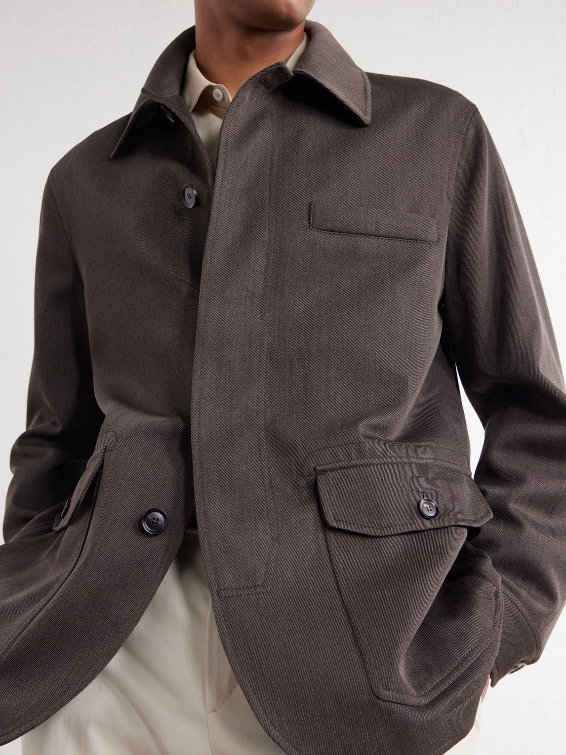 Leather-Trimmed Wool-Twill Jacket