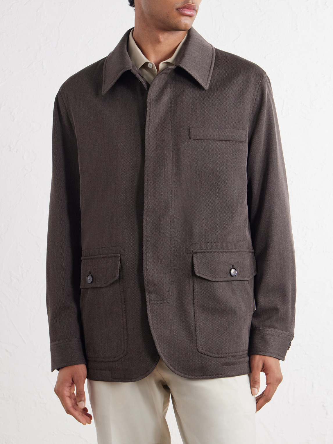Leather-Trimmed Wool-Twill Jacket