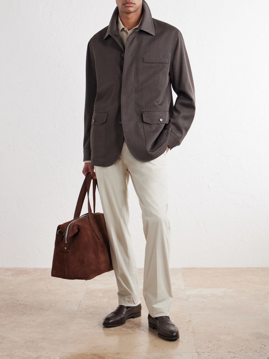 Leather-Trimmed Wool-Twill Jacket