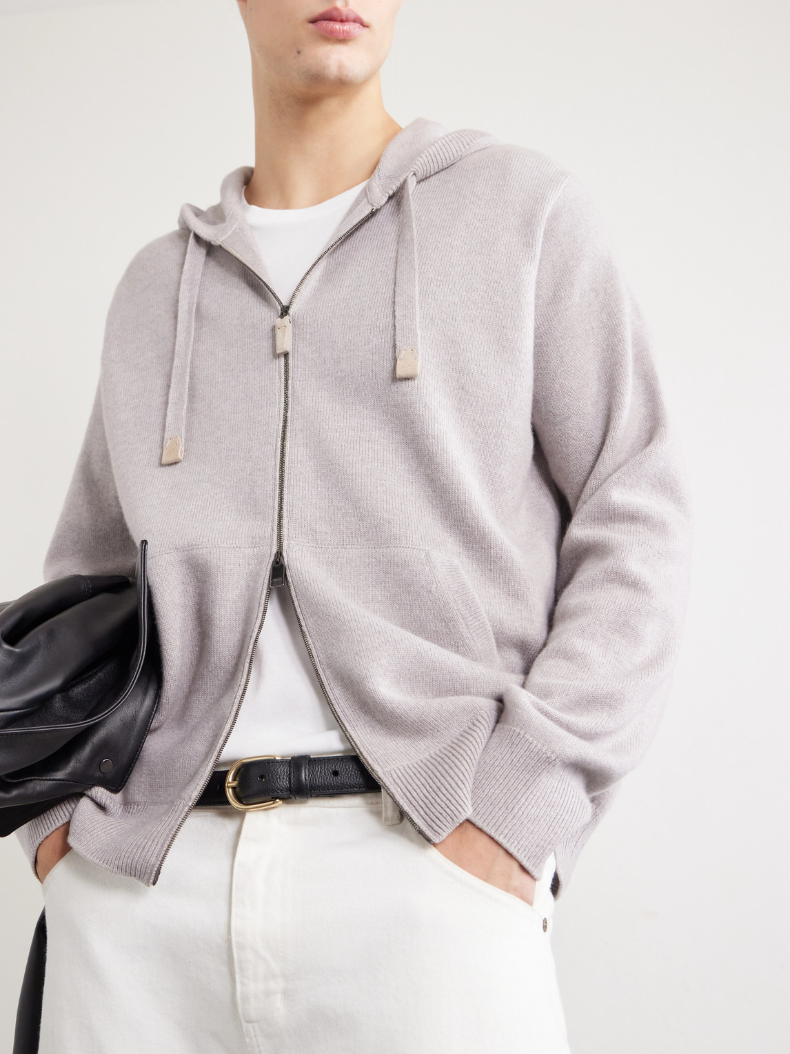Hooded Leather-Trimmed Cashmere Zip-Through Sweater