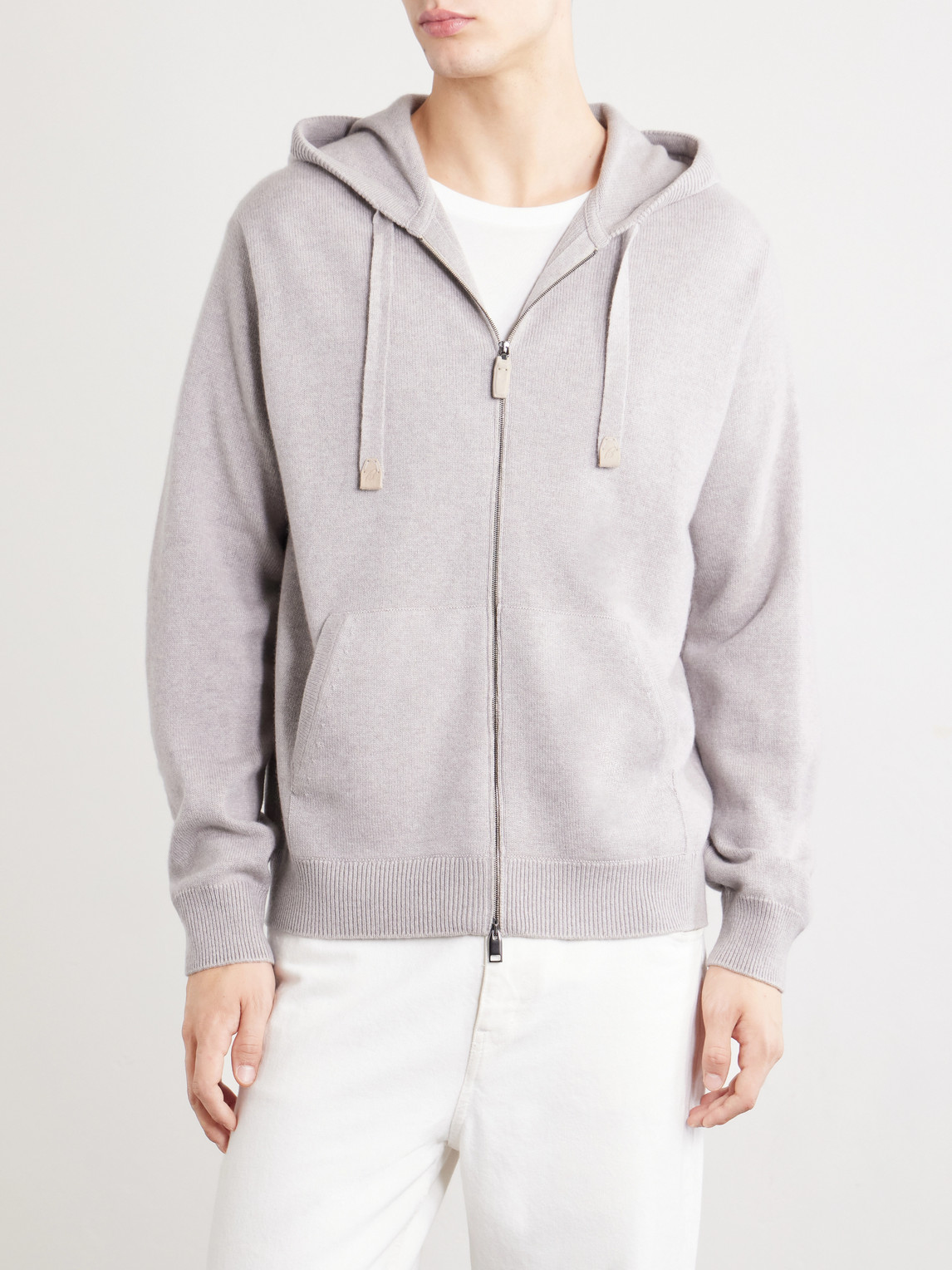Hooded Leather-Trimmed Cashmere Zip-Through Sweater