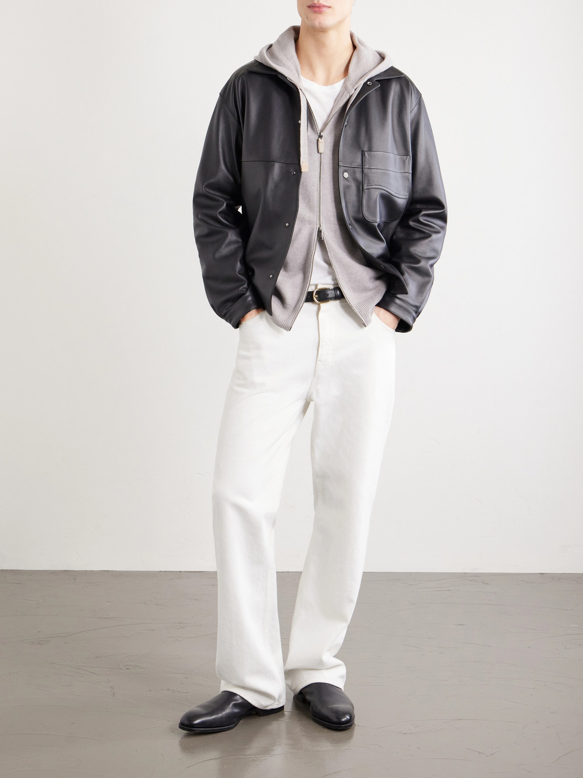 Hooded Leather-Trimmed Cashmere Zip-Through Sweater