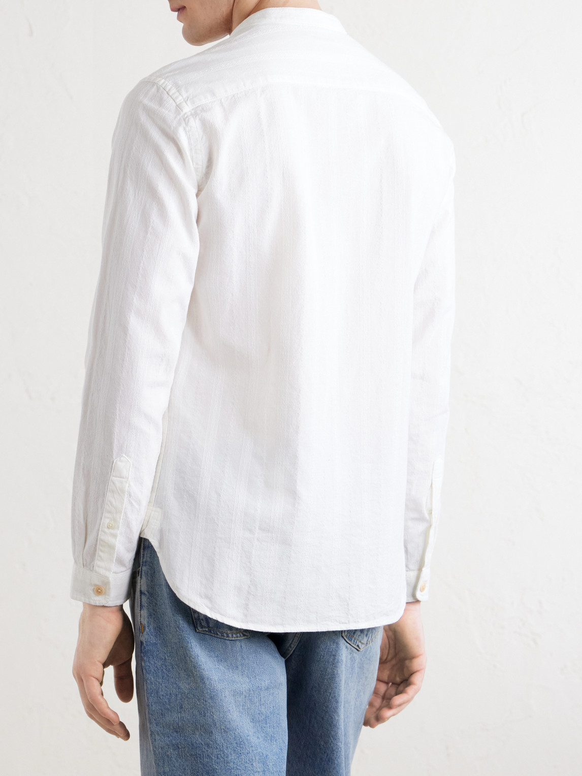 Grandad-Collar Striped Cotton Shirt