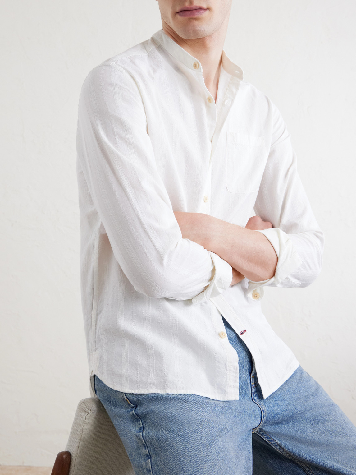 Grandad-Collar Striped Cotton Shirt