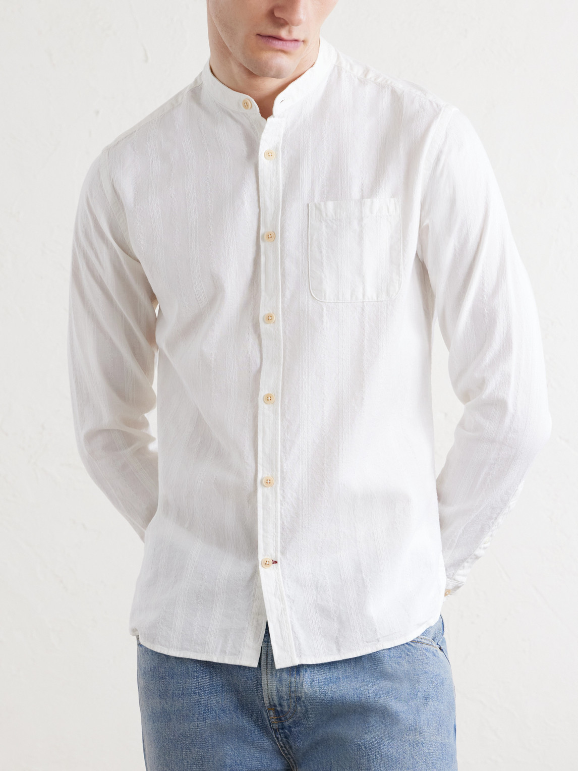 Grandad-Collar Striped Cotton Shirt