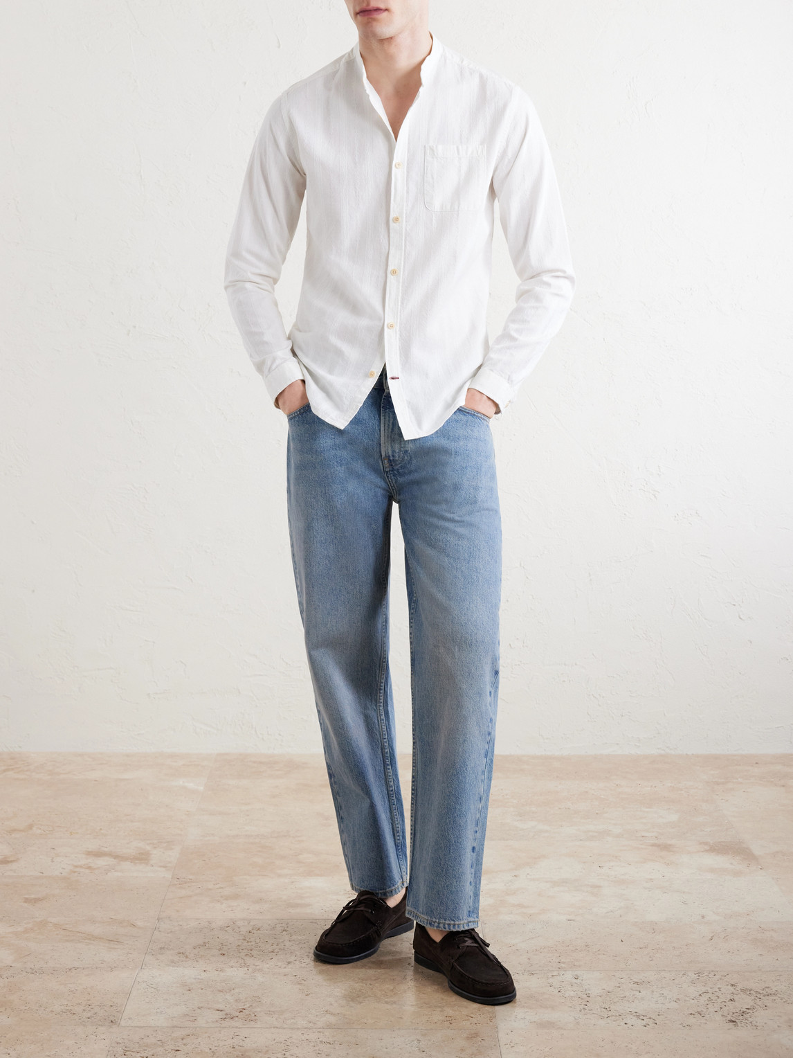 Grandad-Collar Striped Cotton Shirt