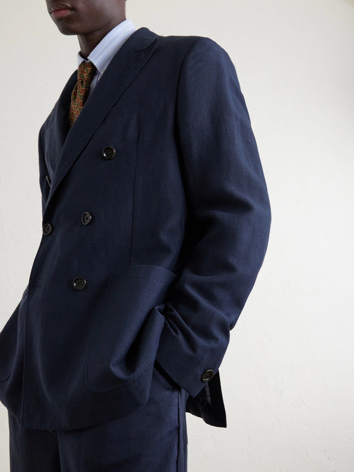 Double-Breasted Linen, Virgin Wool And Cotton-Blend Suit Jacket