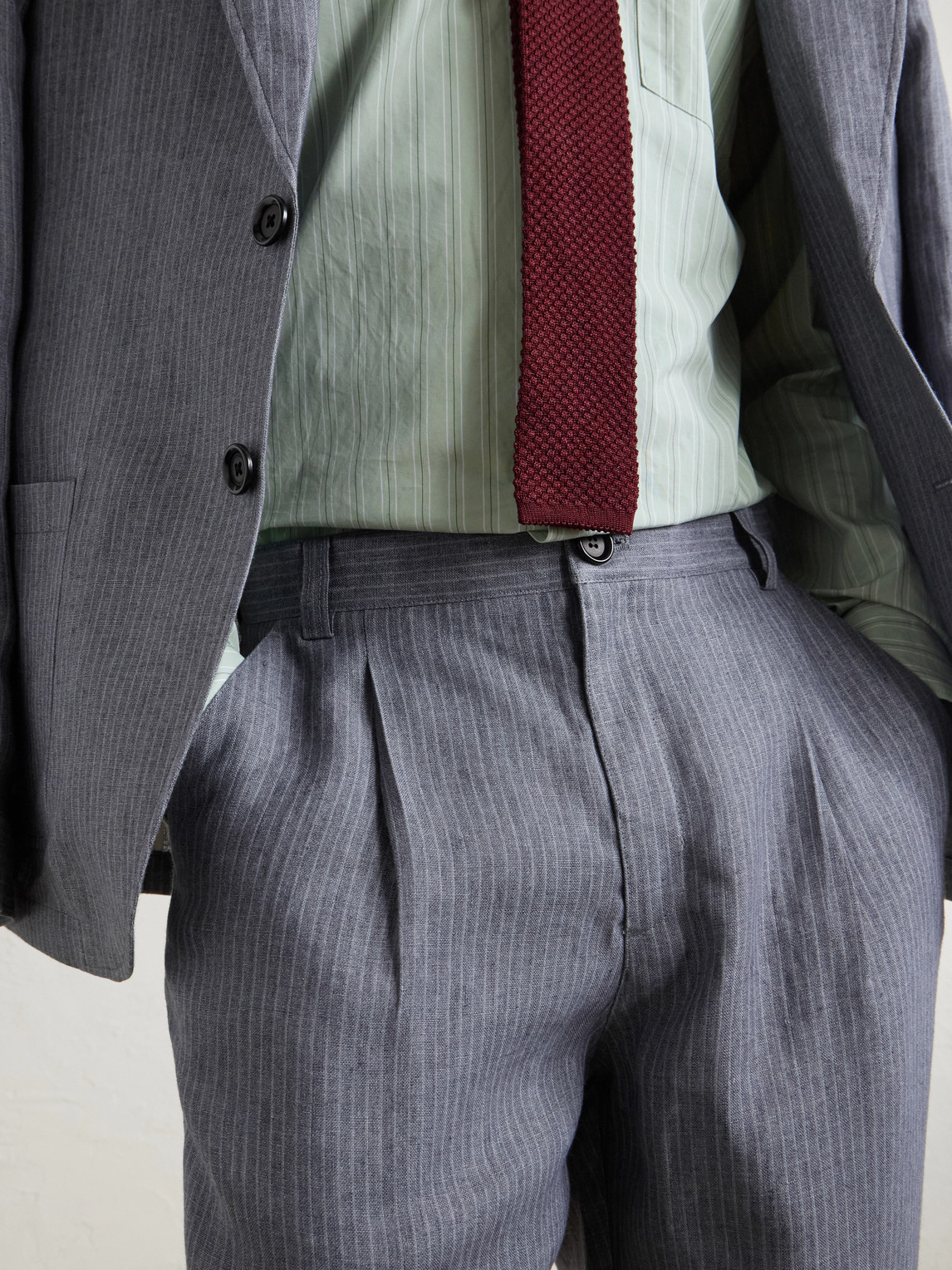 Morton Straight-Leg Pleated Striped Linen Suit Trousers