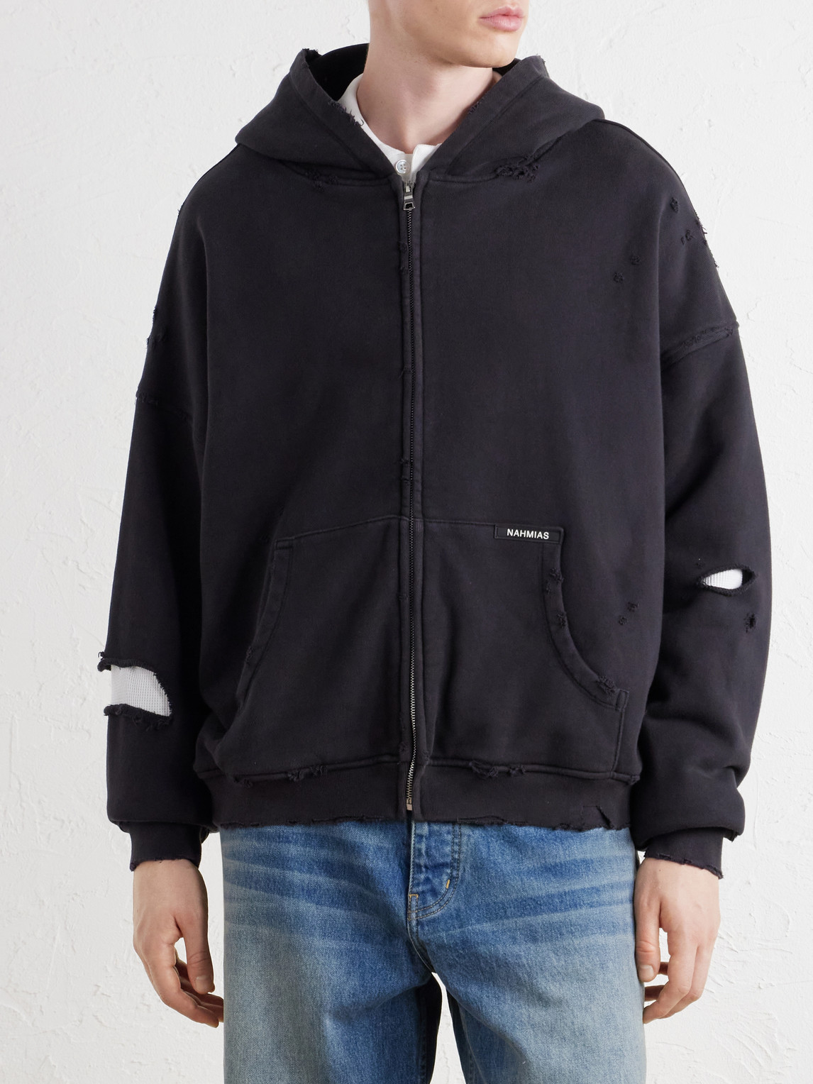 Distressed Cotton-Jersey Zip-Up Hoodie