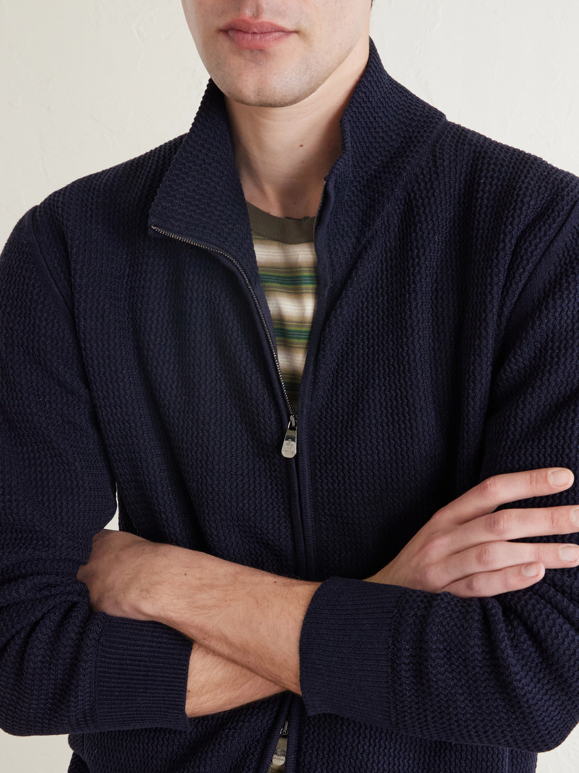 Knitted Silk And Linen-Blend Zip-Up Cardigan