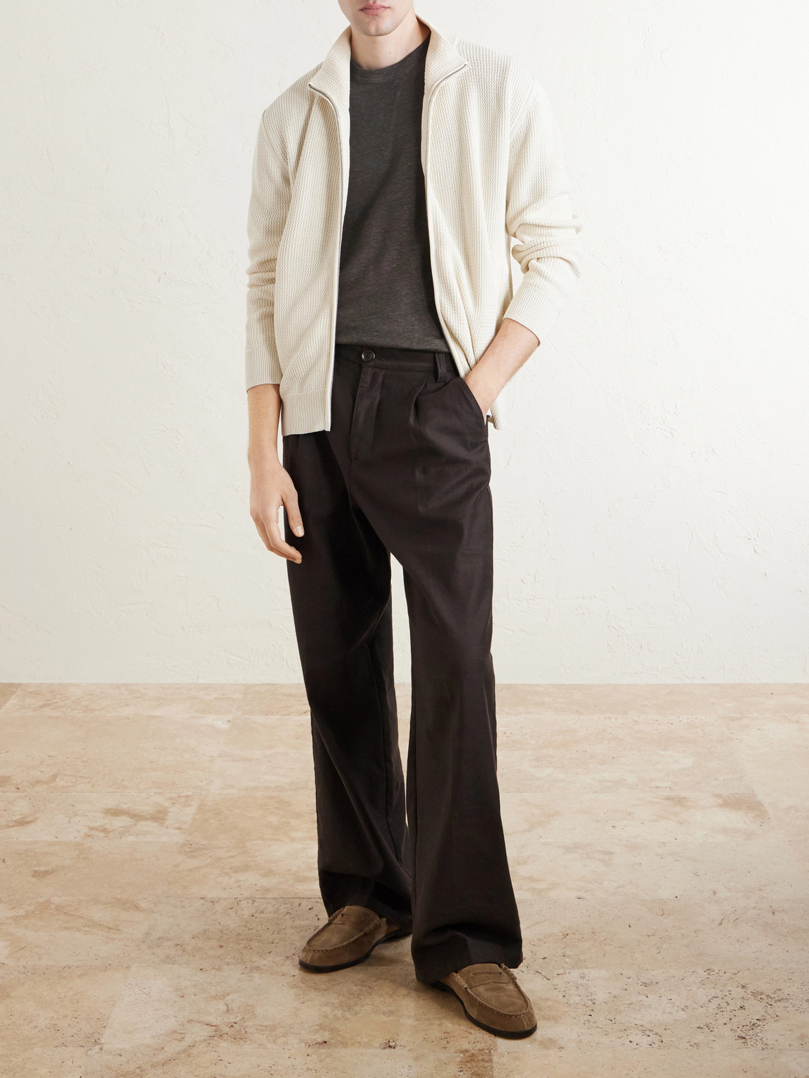 Knitted Silk And Linen-Blend Zip-Up Cardigan