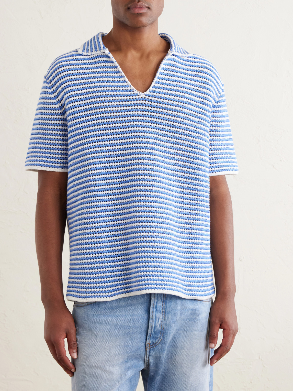 Batten Striped Open-Knit Cotton Polo Shirt