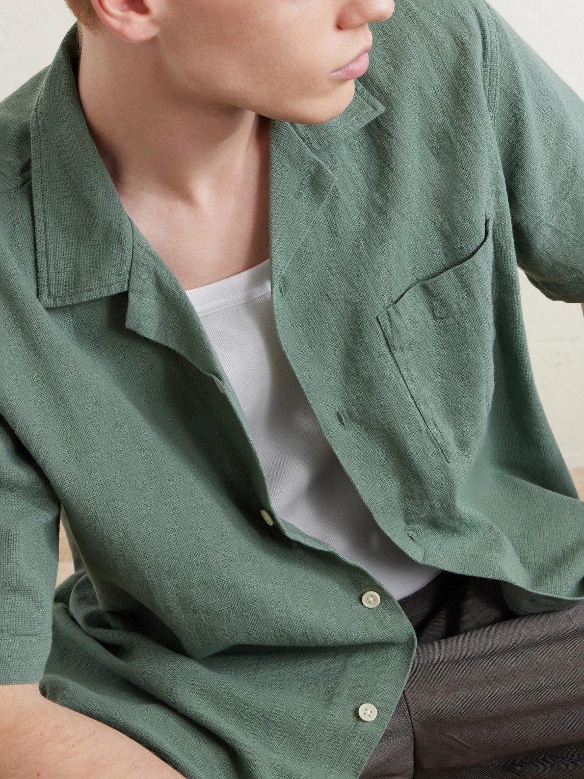 Convertible-Collar Cotton-Hopsack Shirt