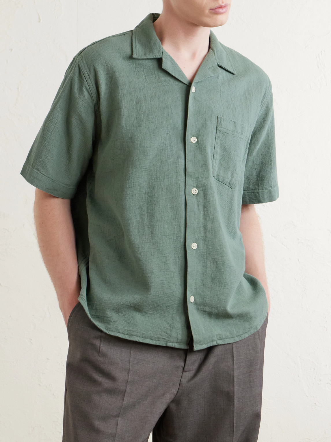 Convertible-Collar Cotton-Hopsack Shirt
