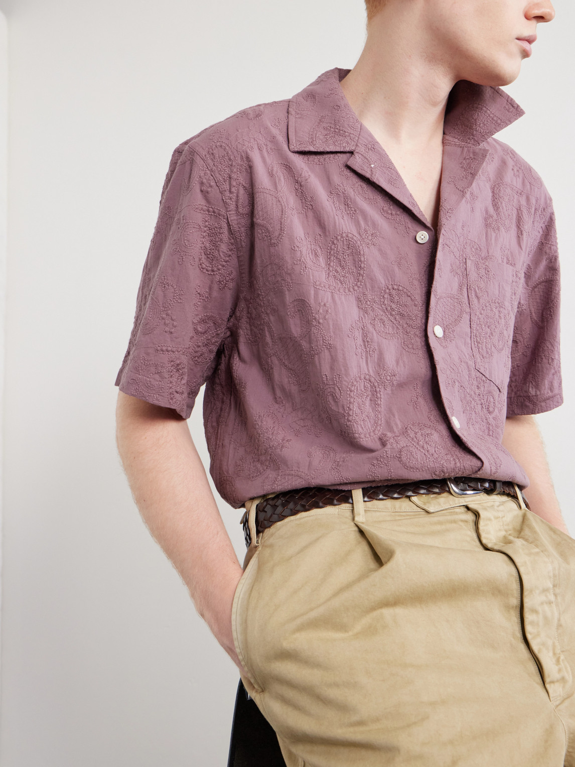 Camp Collar Paisley-Embroidered Cotton Shirt
