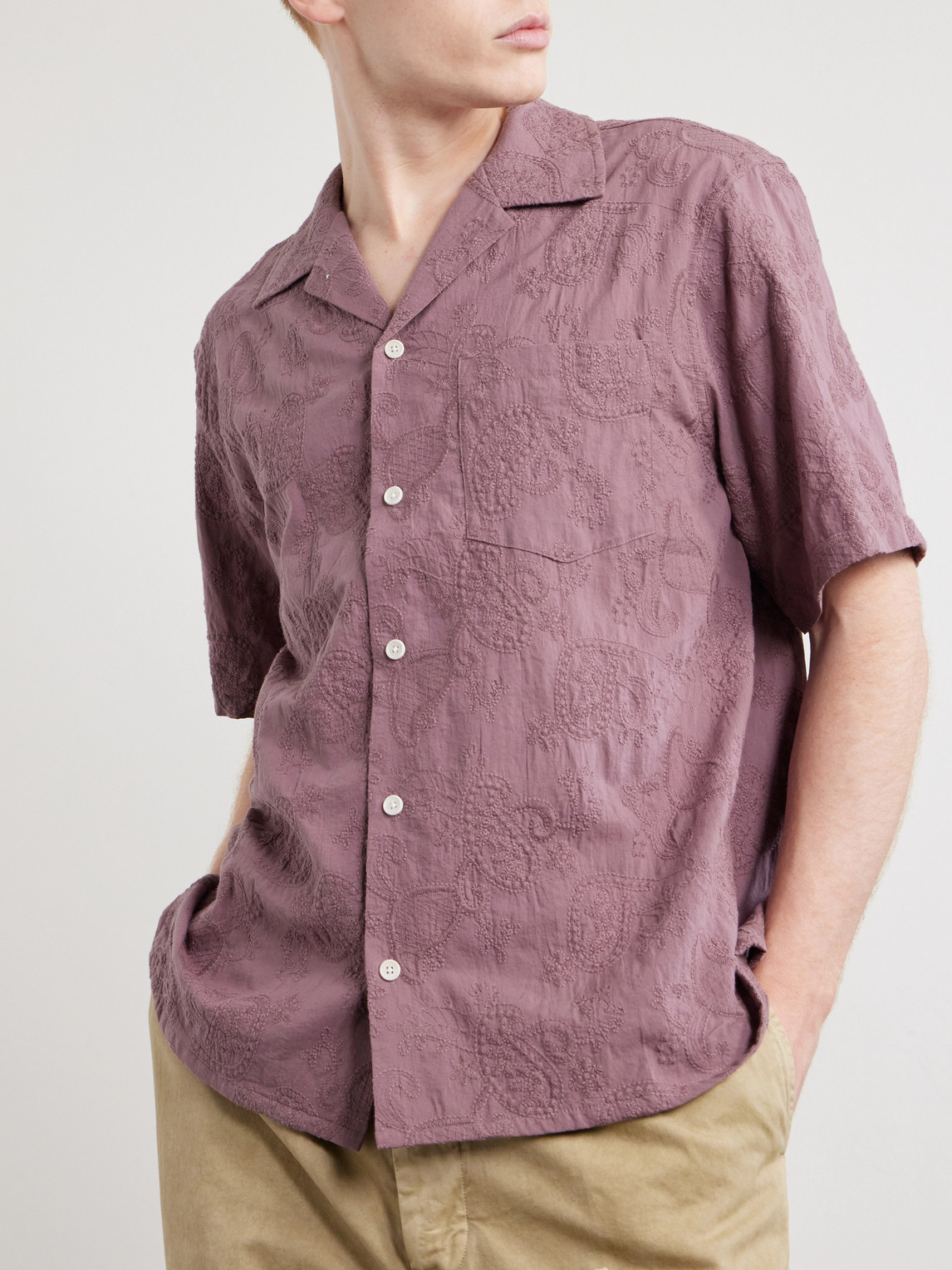 Camp Collar Paisley-Embroidered Cotton Shirt