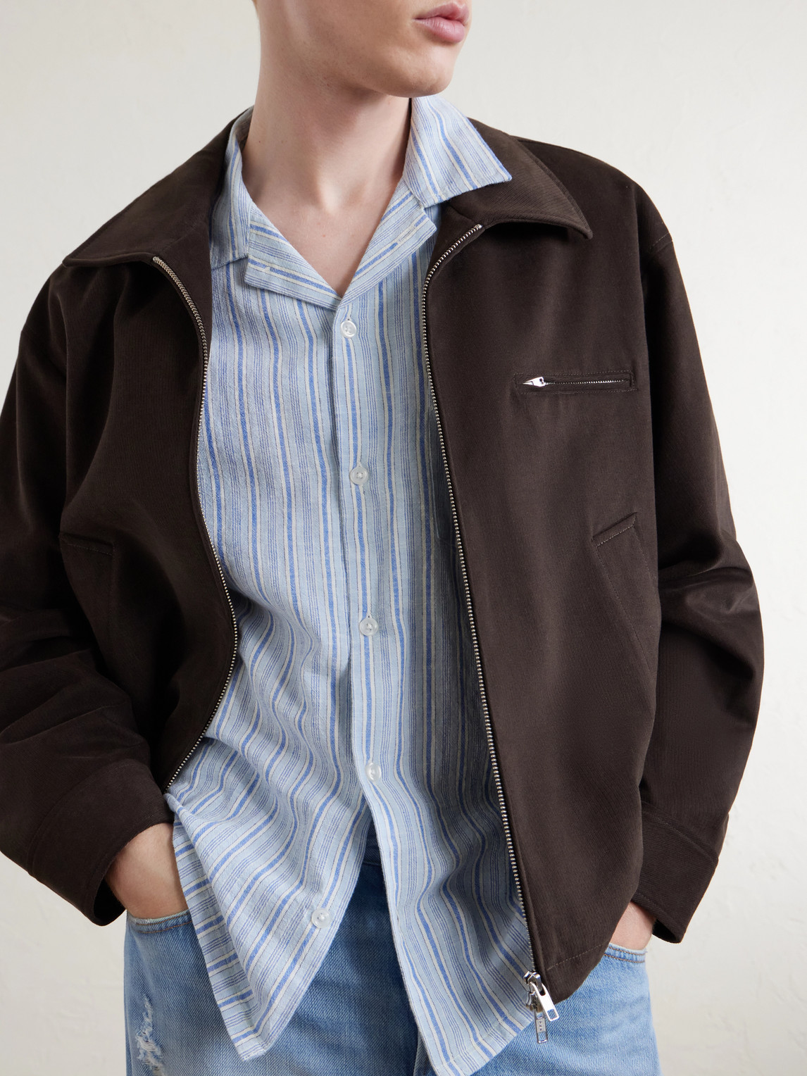 Convertible-Collar Striped Cotton And Linen-Blend Shirt