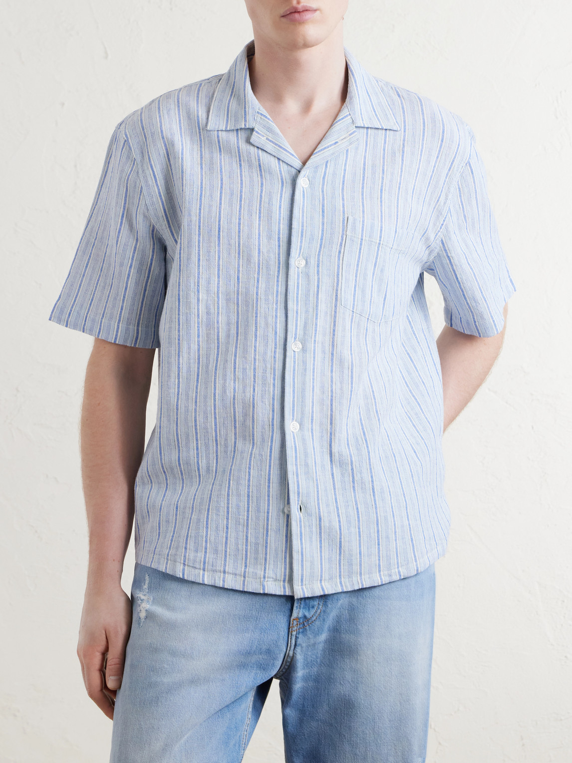 Convertible-Collar Striped Cotton And Linen-Blend Shirt