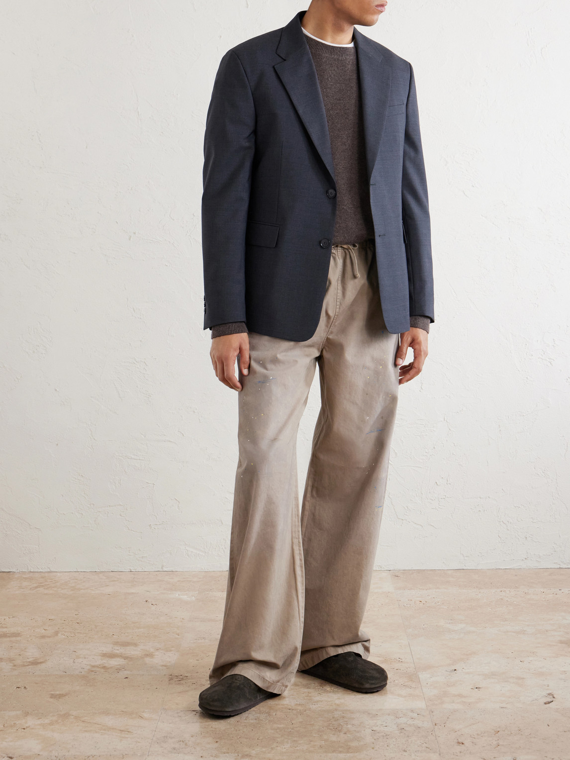 Wide-Leg Paint-Splattered Cotton-Twill Trousers