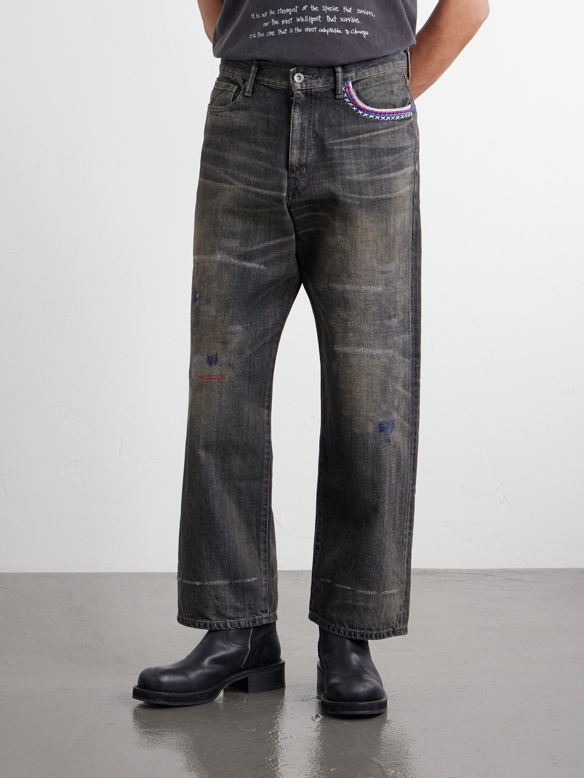 Savage Wide-Leg Bead-Embellished Distressed Jeans