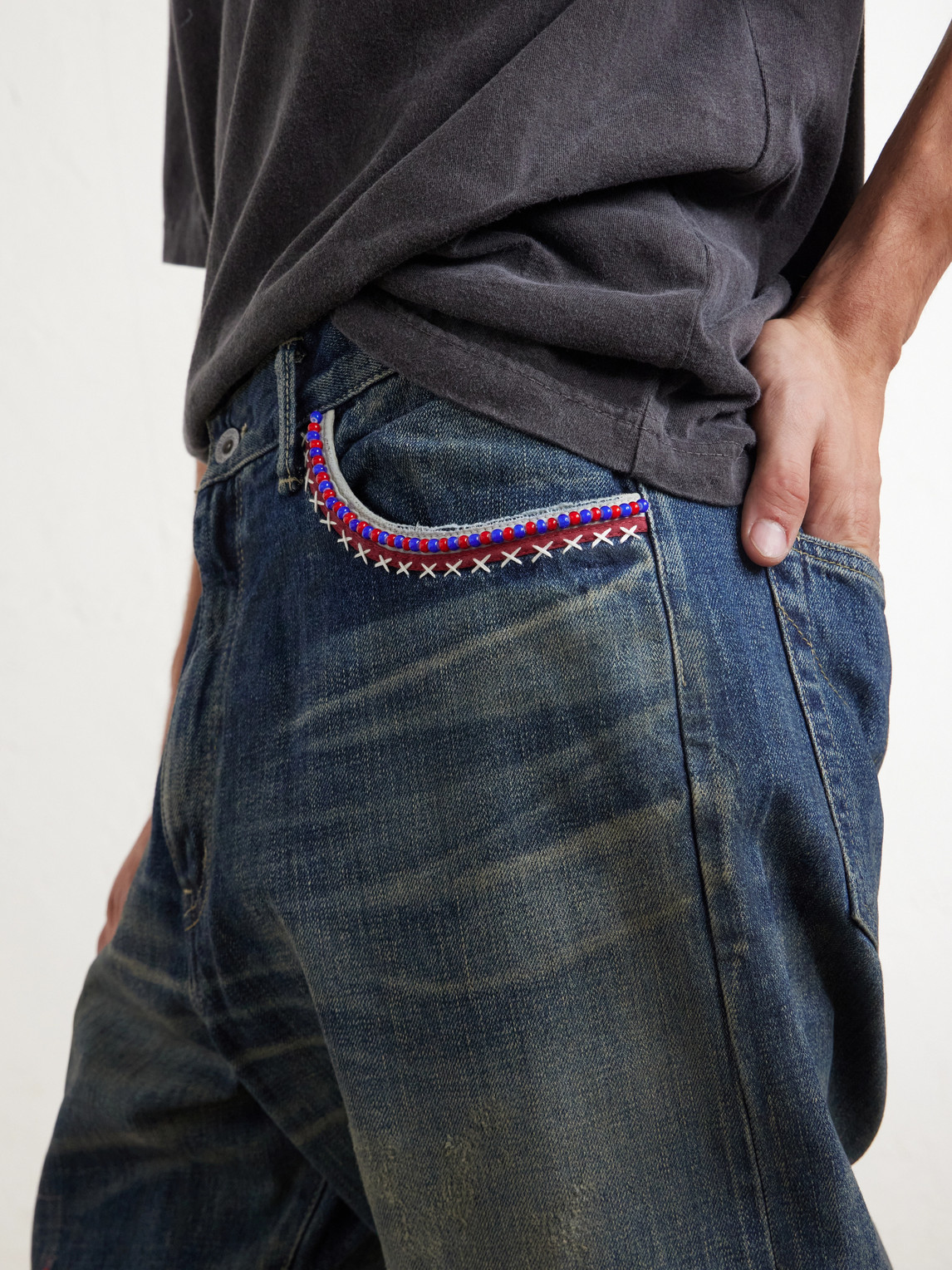 Savage Straight-Leg Bead-Embellished Distressed Jeans