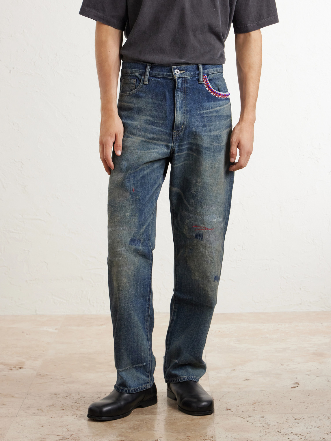 Savage Straight-Leg Bead-Embellished Distressed Jeans