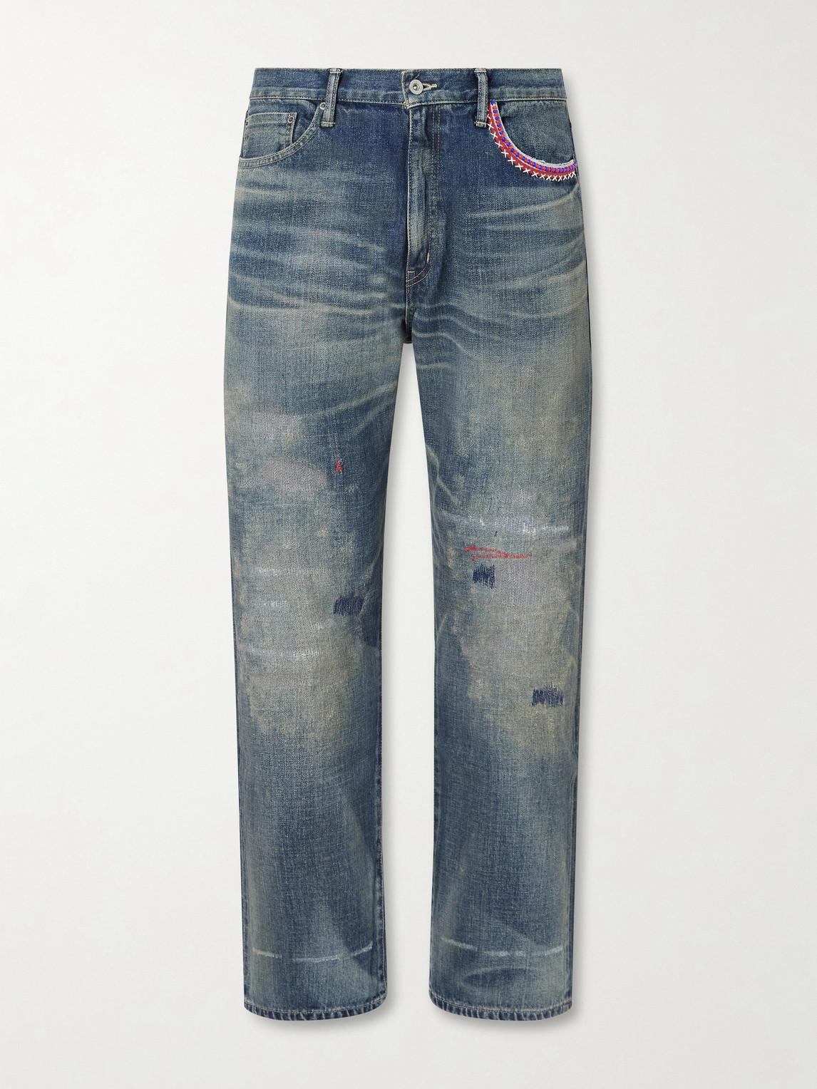 Savage Straight-Leg Bead-Embellished Distressed Jeans