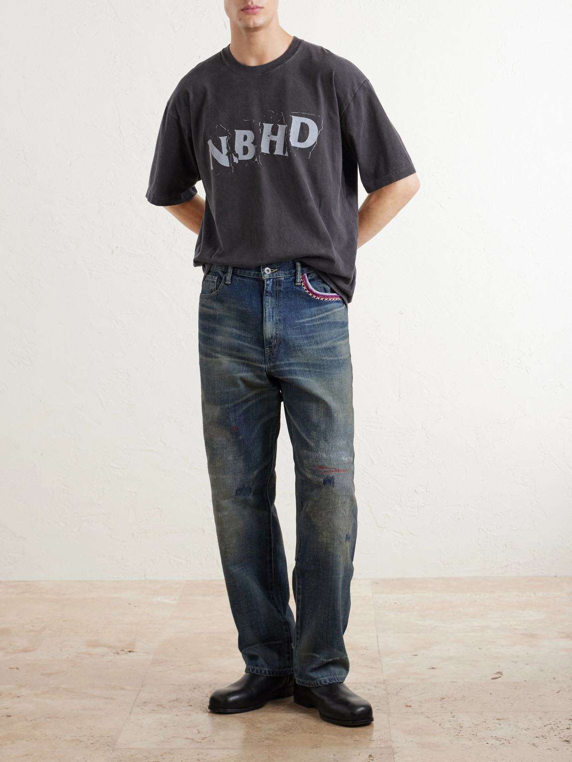 Savage Straight-Leg Bead-Embellished Distressed Jeans